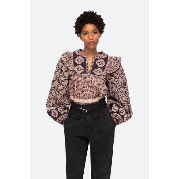 💕SEA NEW YORK💕 Margo Quilted Top ~ 100% Cotton Purple Border Print Large NWOT - Picture 3 of 11